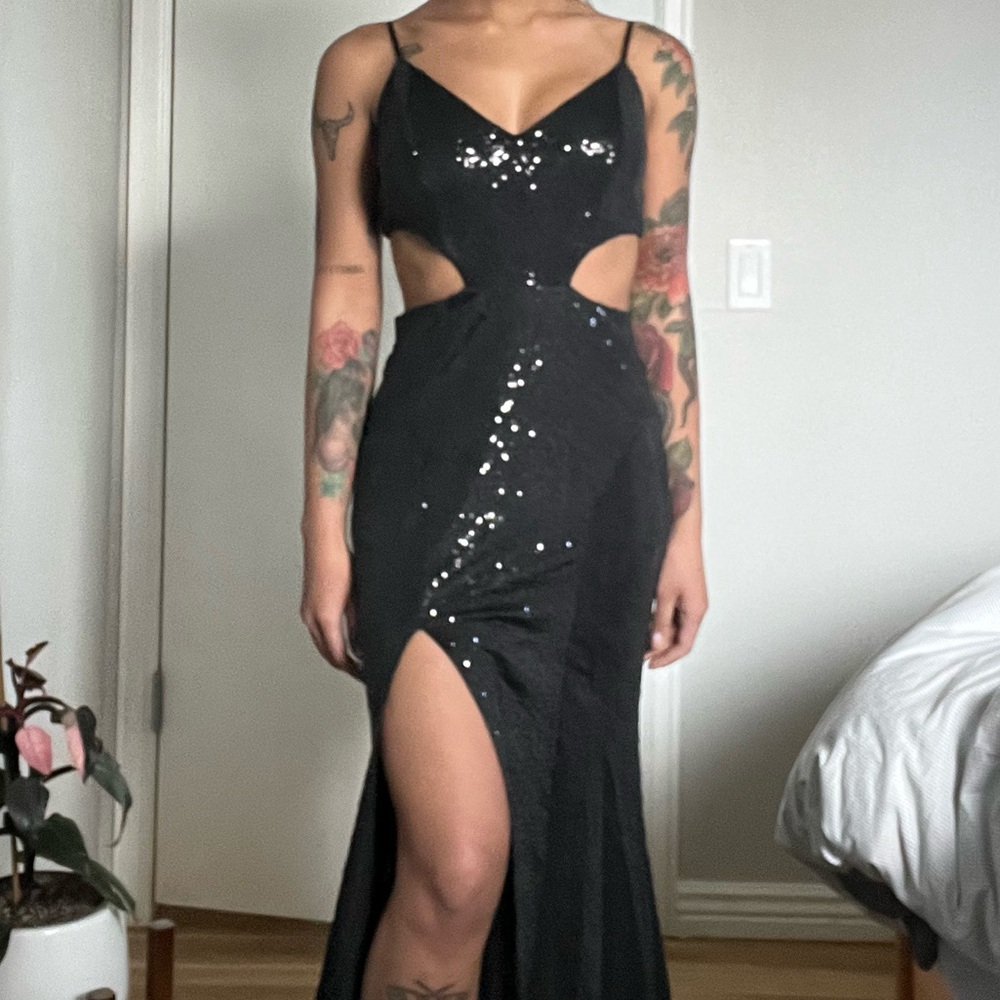 Emerald Sundae, Black sequin maxi dress with cut-out detail